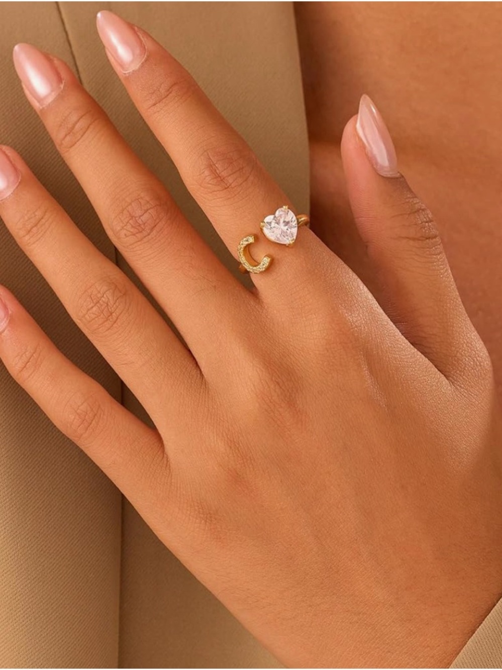 Gold Heart Crystal Open Ring - Women Jewelry